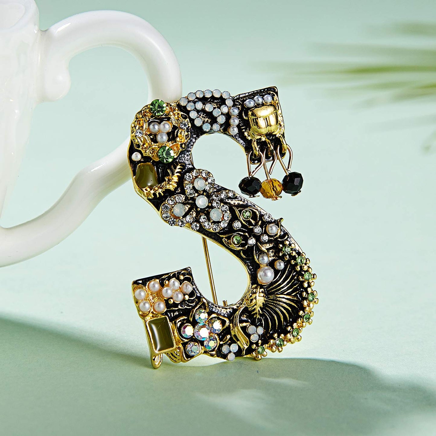 RINHOO Crystal Pearl Initial Brooch Gold Plated Enamel Colorful Letter Alphabet Breastpin Pin Jewelry for GIFTS (Letter -S)