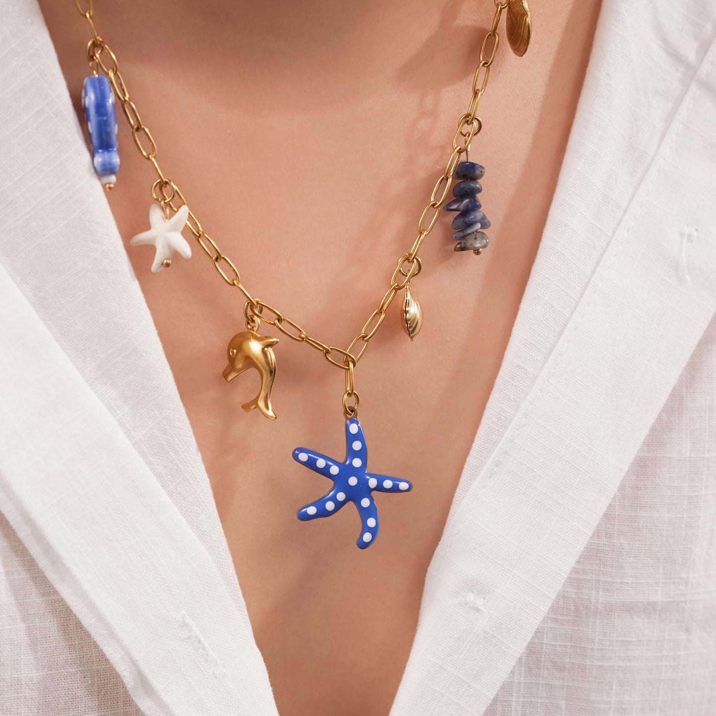 Chunky Gold Necklace Statement Boho Beach Ocean Summer Stainless Steel Jewelry Shell Starfish Turquoise Dolphin Pearl Sun Flower Wave Heart Fish Charm Choker Necklaces for Women(Blue Starfish)