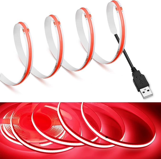 MDee】COB LED Strip Lights Red 4.92ft/1.5m USB Powered 5V Flexible LED Tape Lights with USB Connector CRI 90+ 800LM/m 320LEDs/m for Indoor and Outdoor Décor（Red,4.92ft/1.5m）