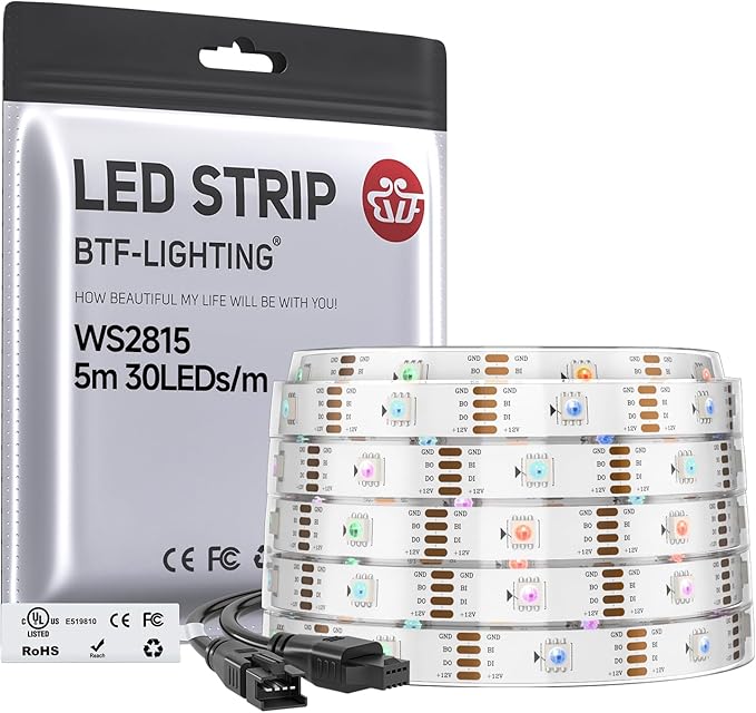BTF-LIGHTING WS2815 (Upgraded WS2812B) LED Strip Light,UL Listed,16.4FT 150 LED/Pixels,Flexible Chasing RGB,Dual Signal Individually Addressable,5050SMD,DC12V IP67(No Adapter or Controller)