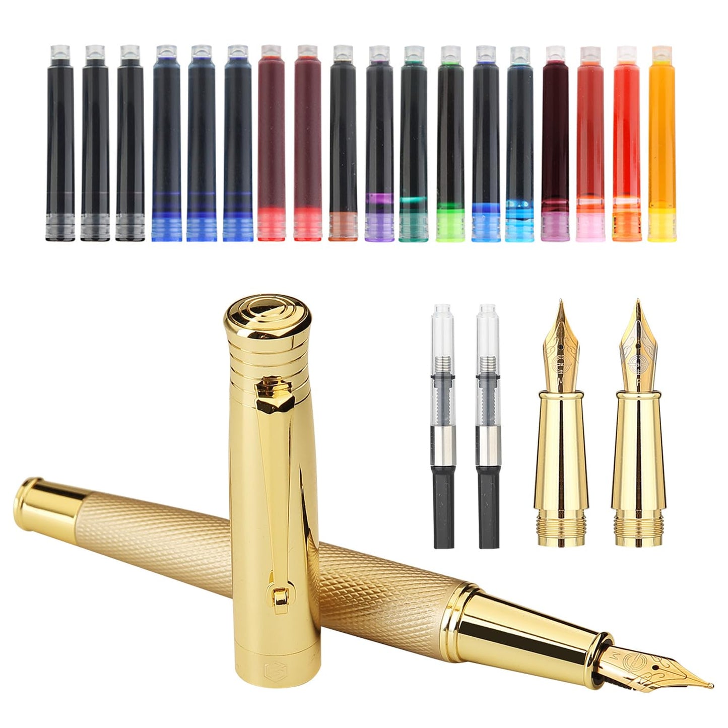 GC QUILL Fancy Fountain Pen Set – Fine and Medium Nibs, 18 Ink Cartridges, Ink Converter, Syringe Filler, Luxury Pen Gift for Men Women, Nice Pen for Writing Journaling (Gold)