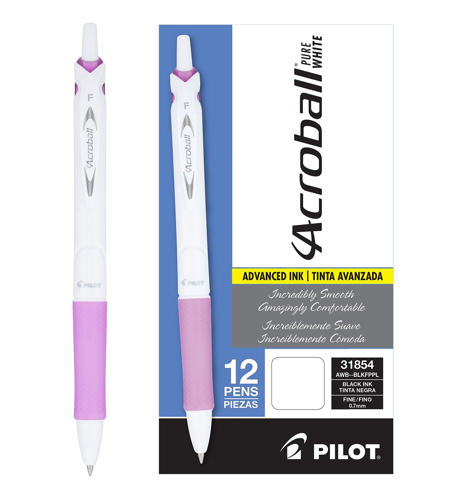 PILOT Acroball Pure-White Advanced Ink Refillable & Retractable Ball Point Pens with Purple Accents, Fine Point, Purple Ink, 12-Pack (31854)
