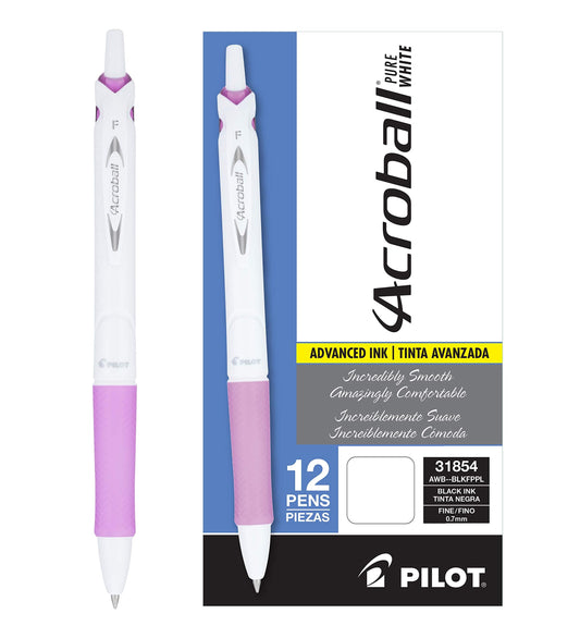 PILOT Acroball Pure-White Advanced Ink Refillable & Retractable Ball Point Pens with Purple Accents, Fine Point, Purple Ink, 12-Pack (31854)