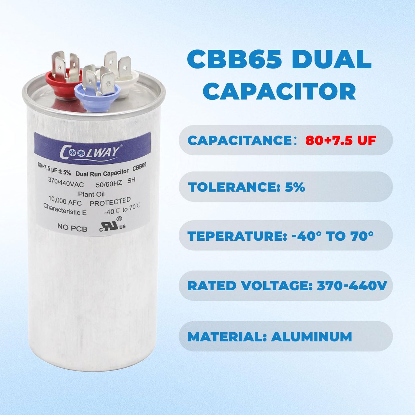 80/7.5 uF 80+7.5 MFD ±5% 370V or 440V Dual Run Start ac Capacitor for ac 80 7.5 CBB65r CBB65b and 370 440 vac Air Conditioner Capacitor for Motor Start or Heat Pump, Condenser, Pool Pump