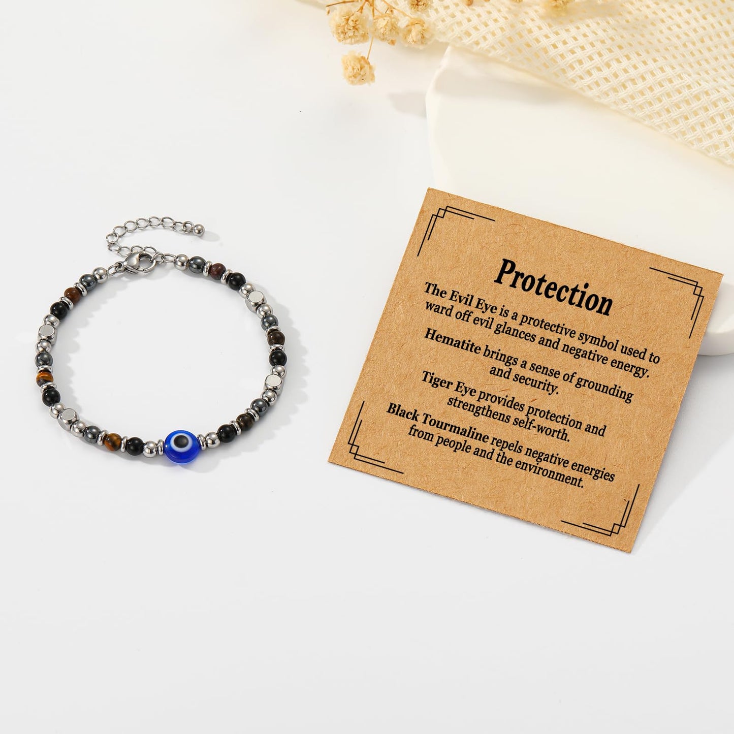 Pavkki Evil Eye Triple Protection Bracelet for Women Gifts Energy Hematite Black Tourmaline Tigers Eye Bead Crystal Healing Jewelry Natural Stones