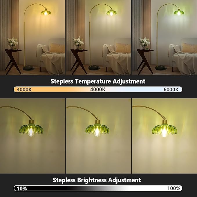 Arc Floor Lamps for Living Room, Gold Floor Lamp with Remote, Glass Standing Lamp for Bedroom, Green Flower Lamp with LED Bulb, Height Adjustable Tall Lamps for Office, Modern Stand Up Lamp Decor