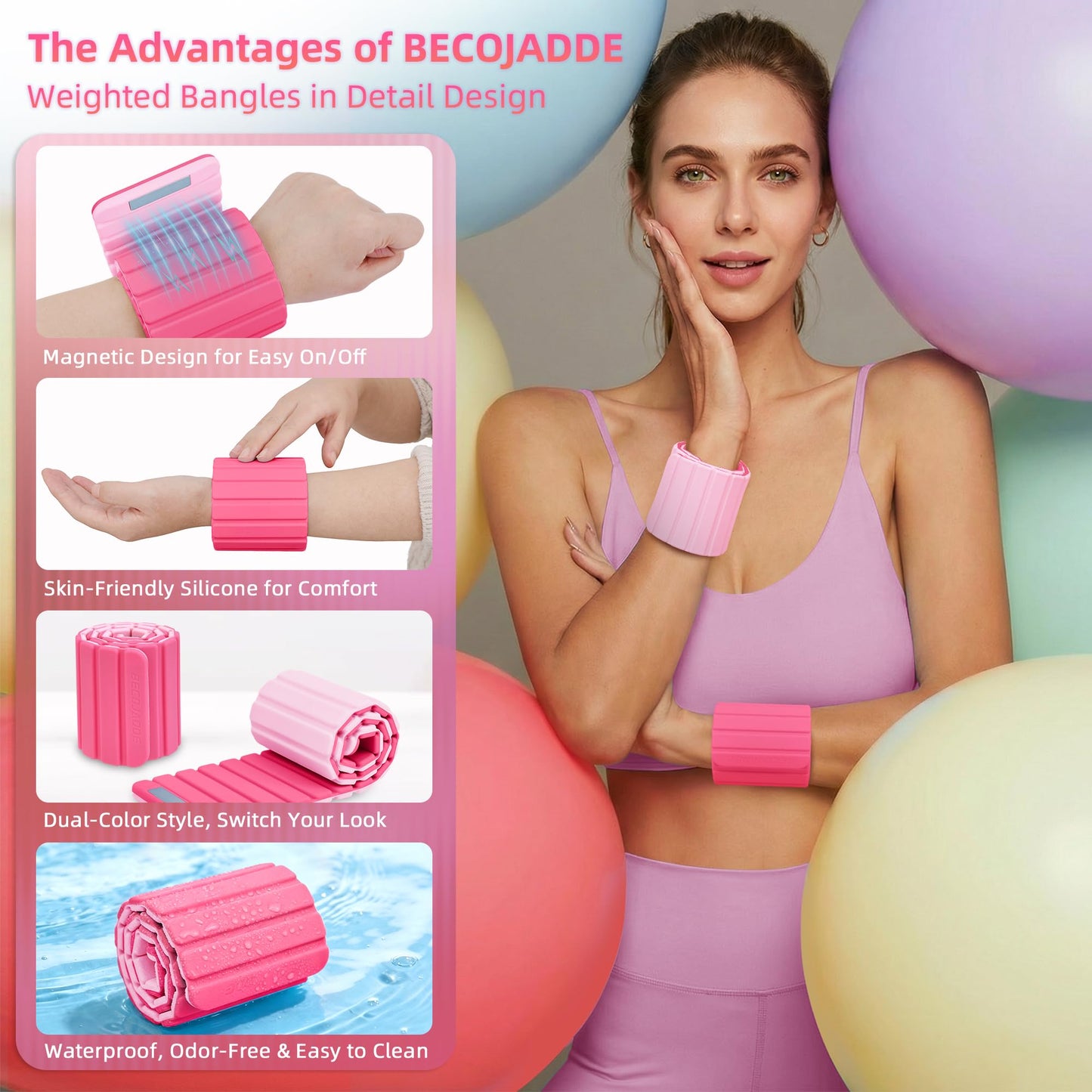 BECOJADDE Wrist Weights Ankle Weights for Women 1 Pair (1.1 lb Each) Silicone Magnetic Leg Arm Weighted Bracelet for Home Yoga Pilates Gym Workout Walking Jogging, Pink Blush