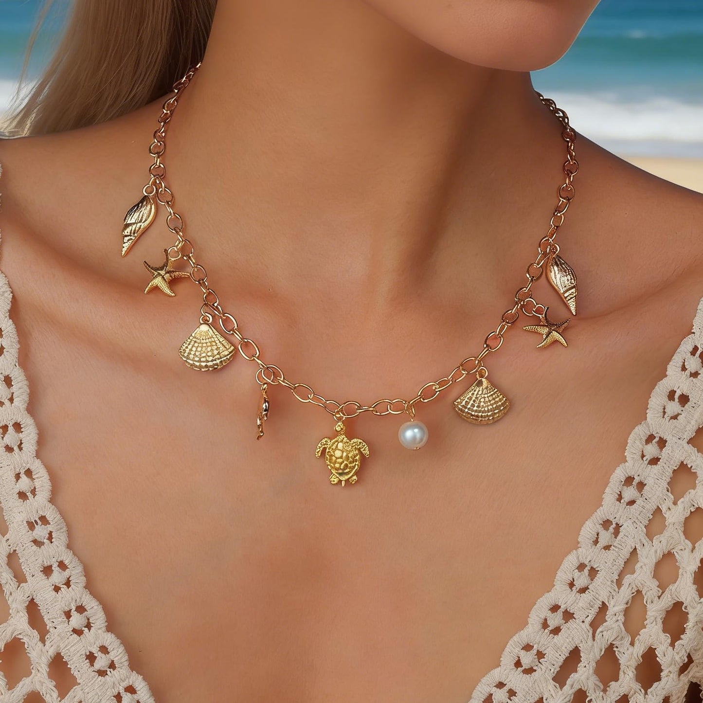 Seashell Charm Necklace for Women, Gold Starfish Beach Jewelry Coastal Vacation Outfits Accessories Summer Dresses Trendy 2026
