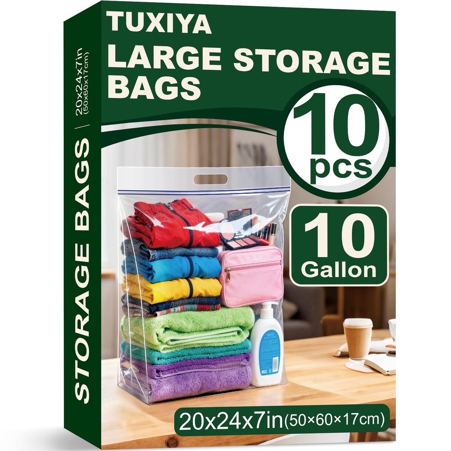 TUXIYA 10 PACK Extra Large Storage Bags, 10 Gallon 24"x20"x7", Resealable Clear Bags with Handle, XL Heavy Duty for Clothes Travel Moving, Double Zipper Seal, Expandable Bottom, Thick 8 Mils