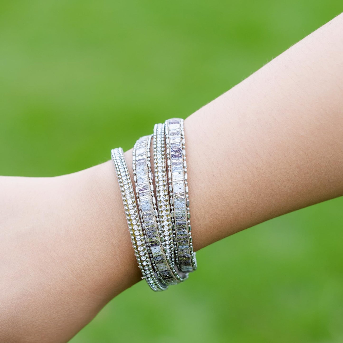 FANCY SHINY Boho Leather Wrap Bracelet Stackable Crystal Rhinestone Bangle Cuff with Magnetic Clasp Trendy Bohemian Jewelry for Women(grey)
