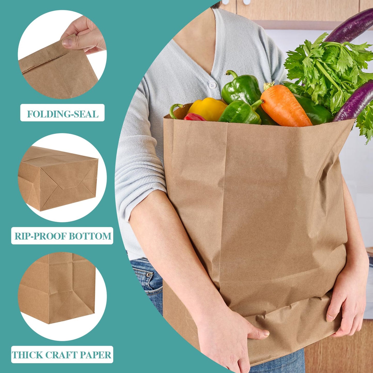 MUCHII 100 Count 57 LB Paper Grocery Bags, Large Brown Kraft Paper Bags for Storage, Shopping
