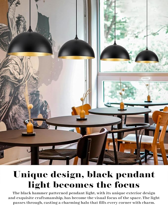 Black Pendant Lights Kitchen Island 2 Pack, 14 Inch Large Dome Pendant Light, Black and Gold Farmhouse Pendant Light, Island Pendant Lights for Kitchen, Dining Room