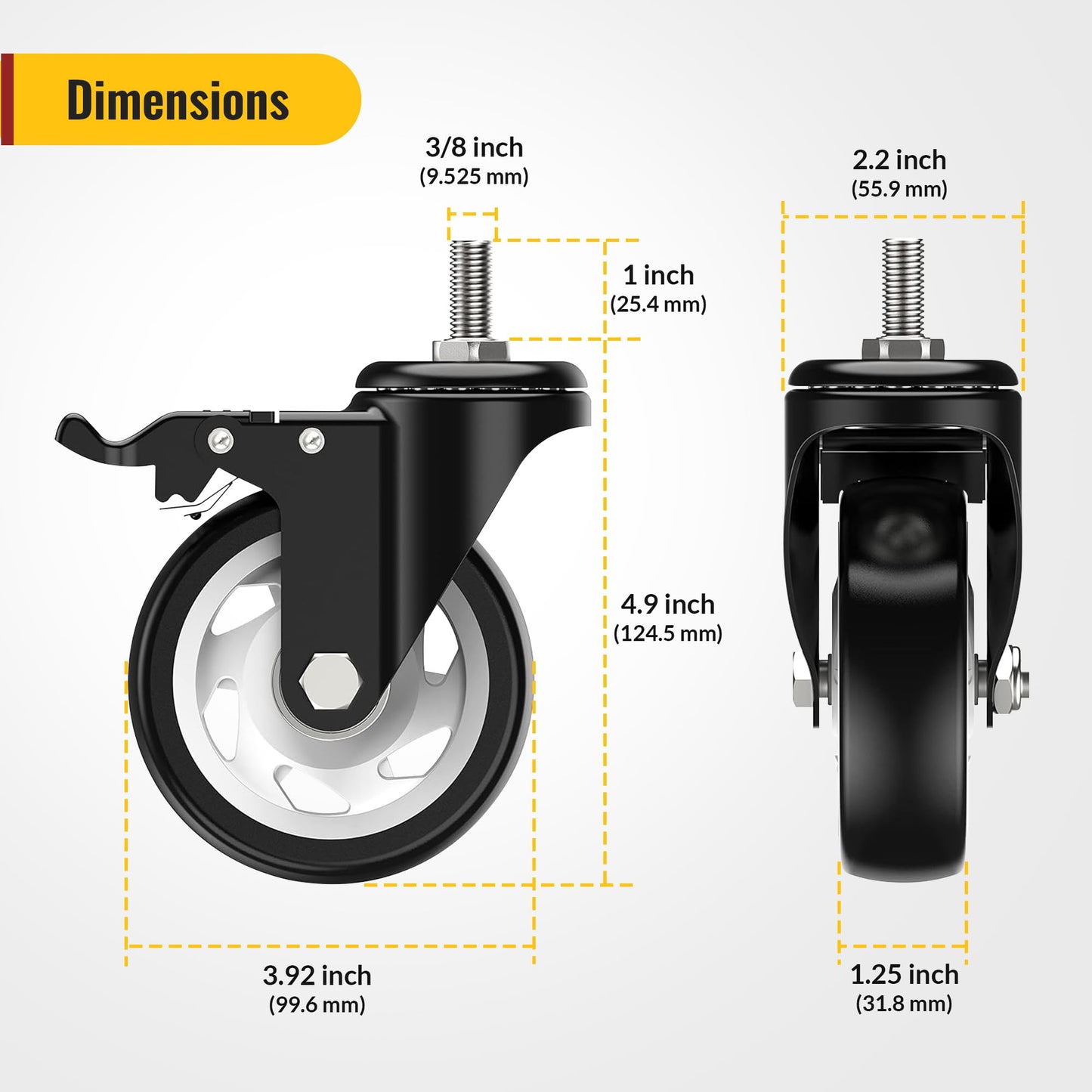 HOLKIE Caster Wheels 4 inch Total Locking Stem Casters, 1/2" -13 x 1(Stem Diameter 1/2", Stem Length 1") Threaded Stem Casters Swivel Casters Set of 8 Heavy Duty Castors Black 8 Pack