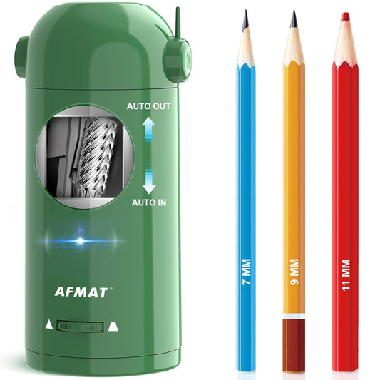 AFMAT Electric Pencil Sharpener, Fully Automatic Pencil Sharpener for Classroom, Robot Sharpeners for 7-11.5mm No.2/Jumbo/Colored Pencils, Auto in & Out, Rechargeable & Cordess, Hands-Free, PSX5,Green