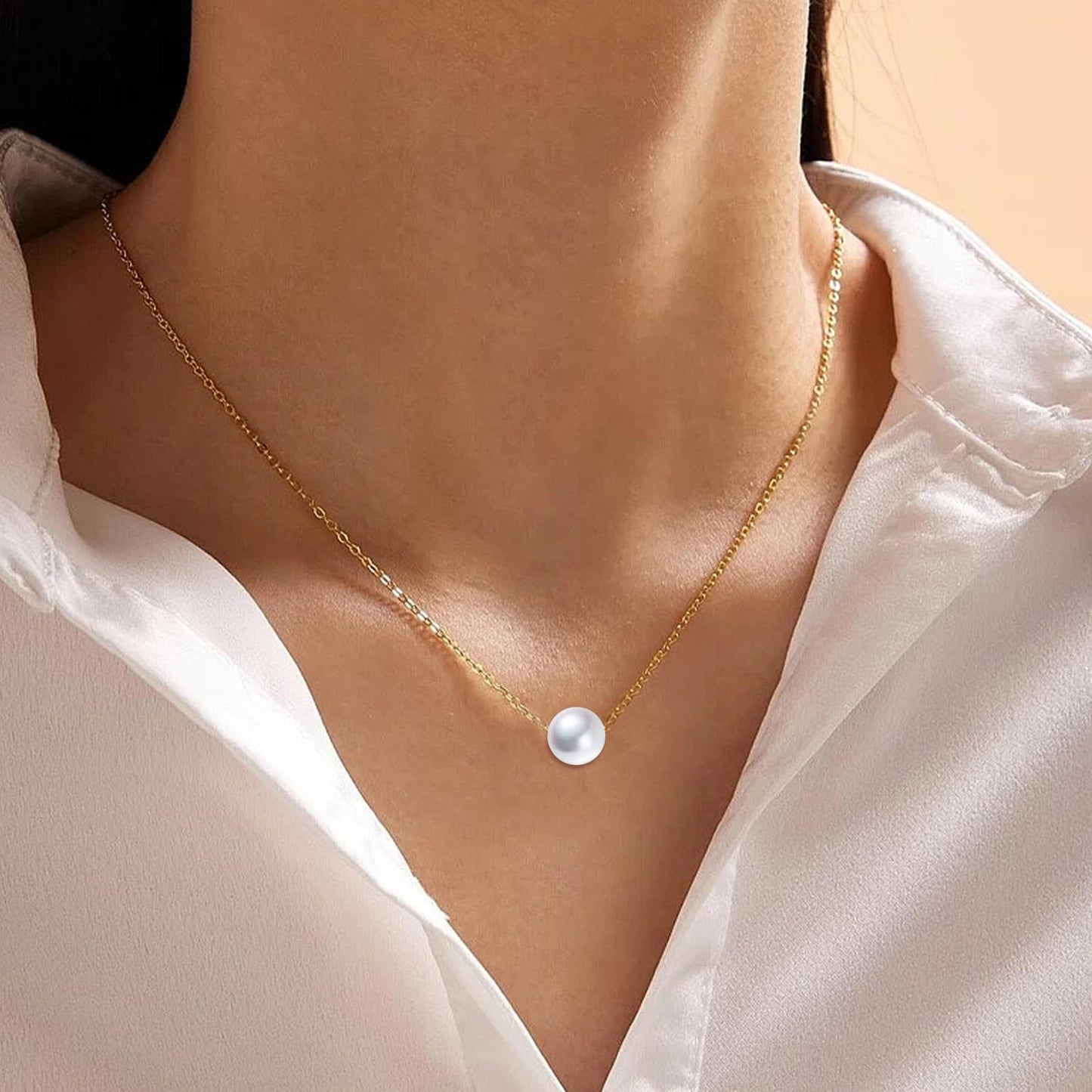 POPLYKE AAAA Single Pearl Choker Sterling Silver Necklace for Women 7-8mm Freshwater Cultured Pearls Wedding Bridesmaids Anniversary 14 16 18 inch (gold-single pearl necklace 18‘’)