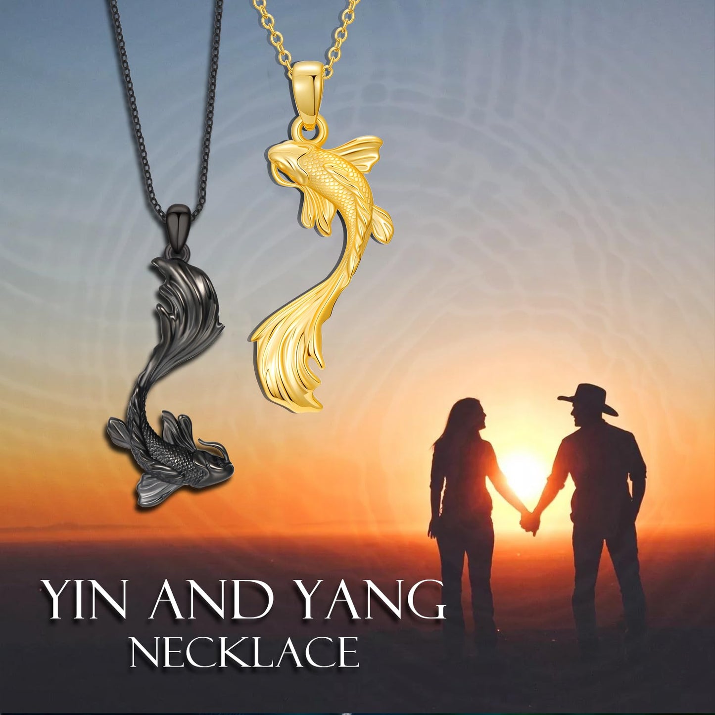 OHAYOO Koi Fish Necklace 925 Sterling Silver Couple Necklace with Koi Fish Pendant Koi Fish Jewelry for Couples Black and Gold