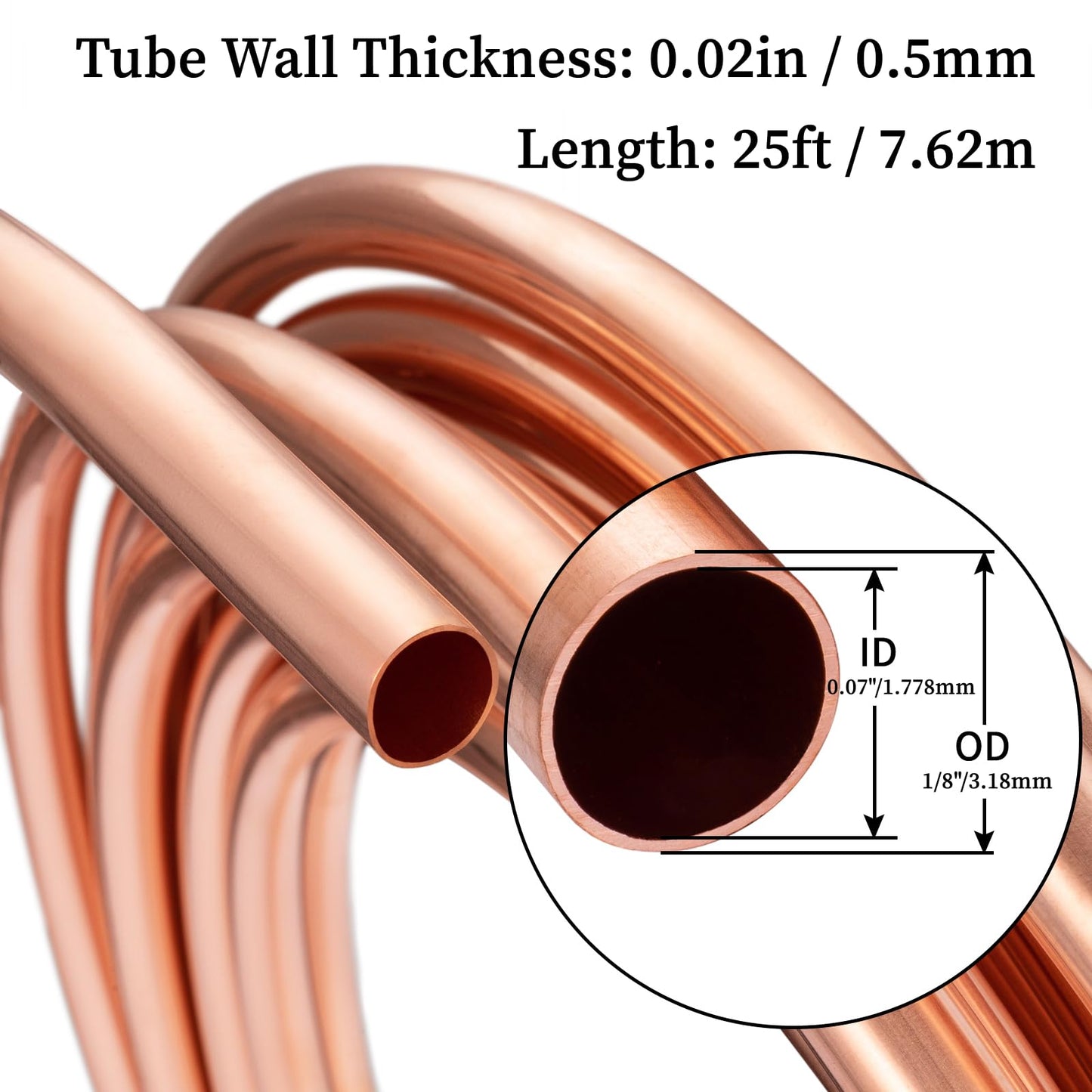 GOORY Copper Tubing 1/8" OD x 0.07" ID x 25 Ft - 99.9% C12200 Pure ACR Tube - ASTM B280 Refrigeration T2 Copper Tube Soft Coil - Round Seamless Tubing for Refrigerator HVAC System Industry DIY