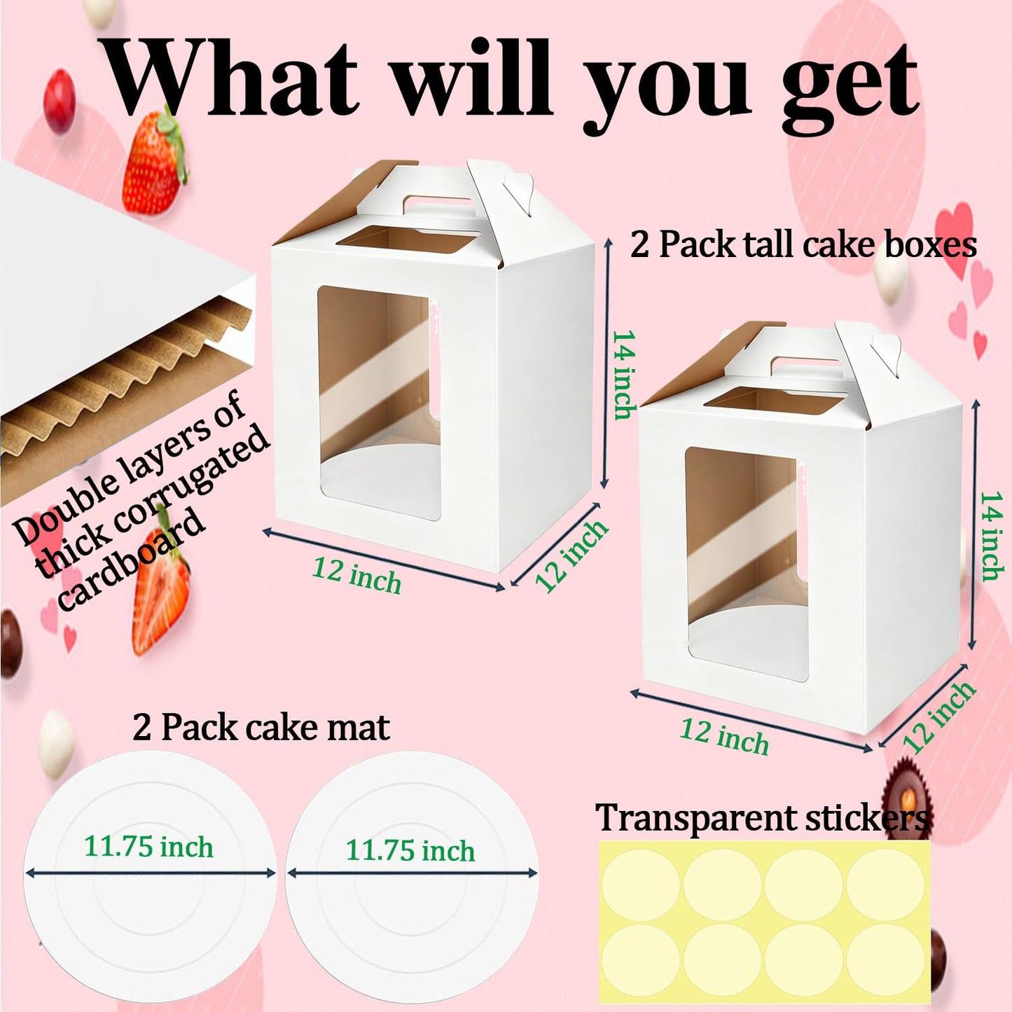 GODCDKC Cake Boxes - 2 Pack Tall Cake Box 12x12x14 Inch Disposable Layer Carrier with Window Large Tierd Cake Out Transport Containers with Handle for Wedding, Birthday, Party (White)