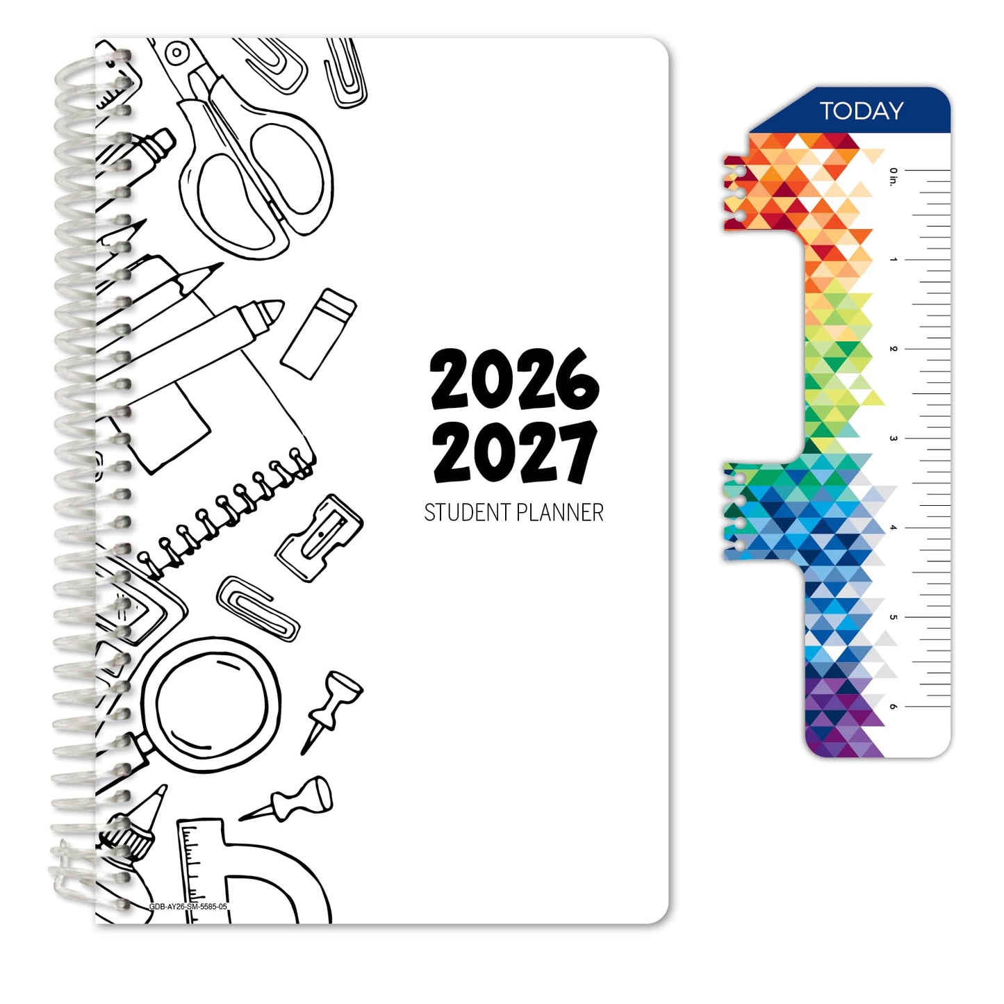 Global Datebooks 2026-2027 Middle & High School Student Planner 5.5" x 8.5" - Dated Weekly & Monthly Academic Planner w/Ruler/Bookmark & Stickers, For Homework, Matrix Style, Black Doodles