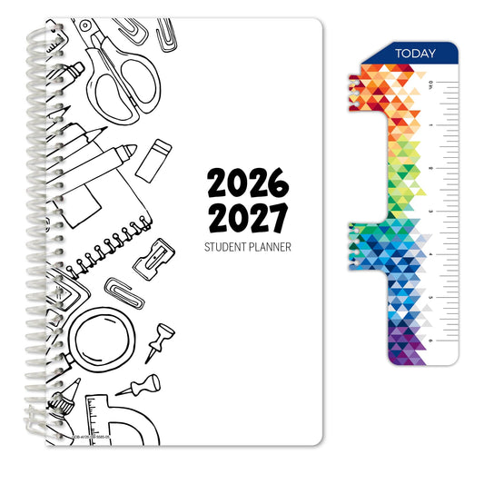 Global Datebooks 2026-2027 Middle & High School Student Planner 5.5" x 8.5" - Dated Weekly & Monthly Academic Planner w/Ruler/Bookmark & Stickers, For Homework, Matrix Style, Black Doodles