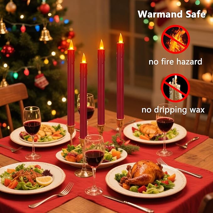 12 Pcs Burgundy Flameless Taper Candles with Remote, 10" Tall Electric Led Candlesticks, Plastic Battery Operated Taper Candles for Halloween Dinner Party Wedding Birthday Home Décor