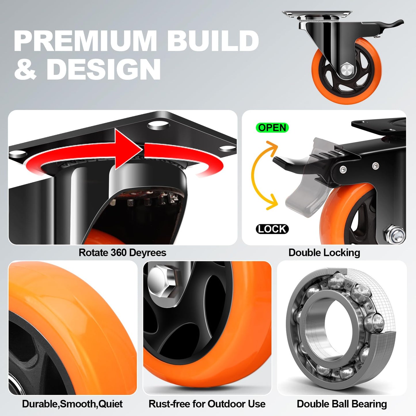 5 Inch Orange Heavy Duty Locking Caster Wheels Set of 4 – 2600LBS Total Capacity, PU Industrial Casters with Dual Brake for Workbench, Machinery & Warehouse Carts – Heavy Duty Industrial Use Only