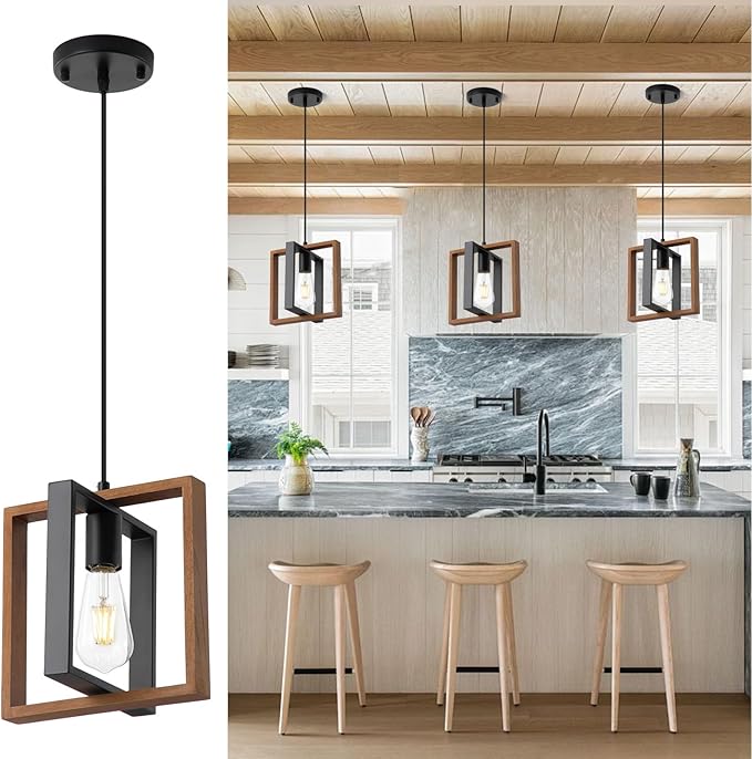 9MMML Wood Pendant Light Kitchen Island Set of 3, Farmhouse Hanging Lamp with 62'' Height Adjustable Cord, Small Ceiling Pendant Light Fixture for Dining Room, Entryway, Foyer