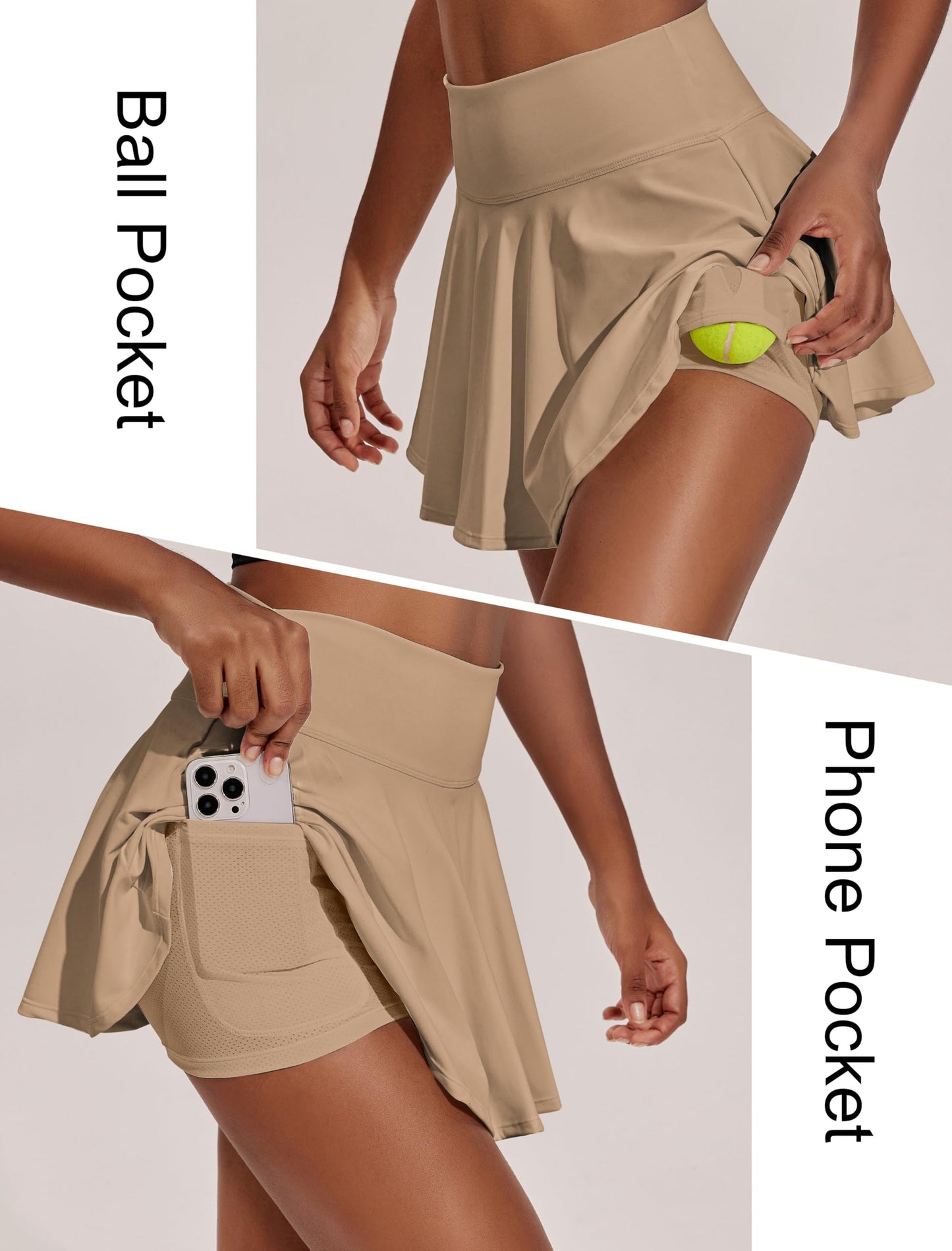 PINSPARK Women's Flowy Tennis Skorts with Built in Shorts Pleated Mini Skirt Tummy Control Golf Skirts Quick Dry Khaki L