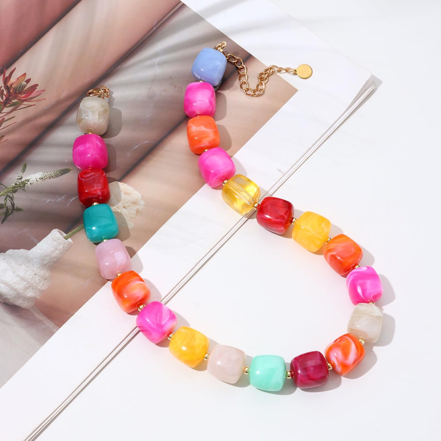joymiao Resin Chunky Beaded Necklace for Women Colorful Rainbow Square Acrylic Beaded Necklace Statement Summer Jewelry
