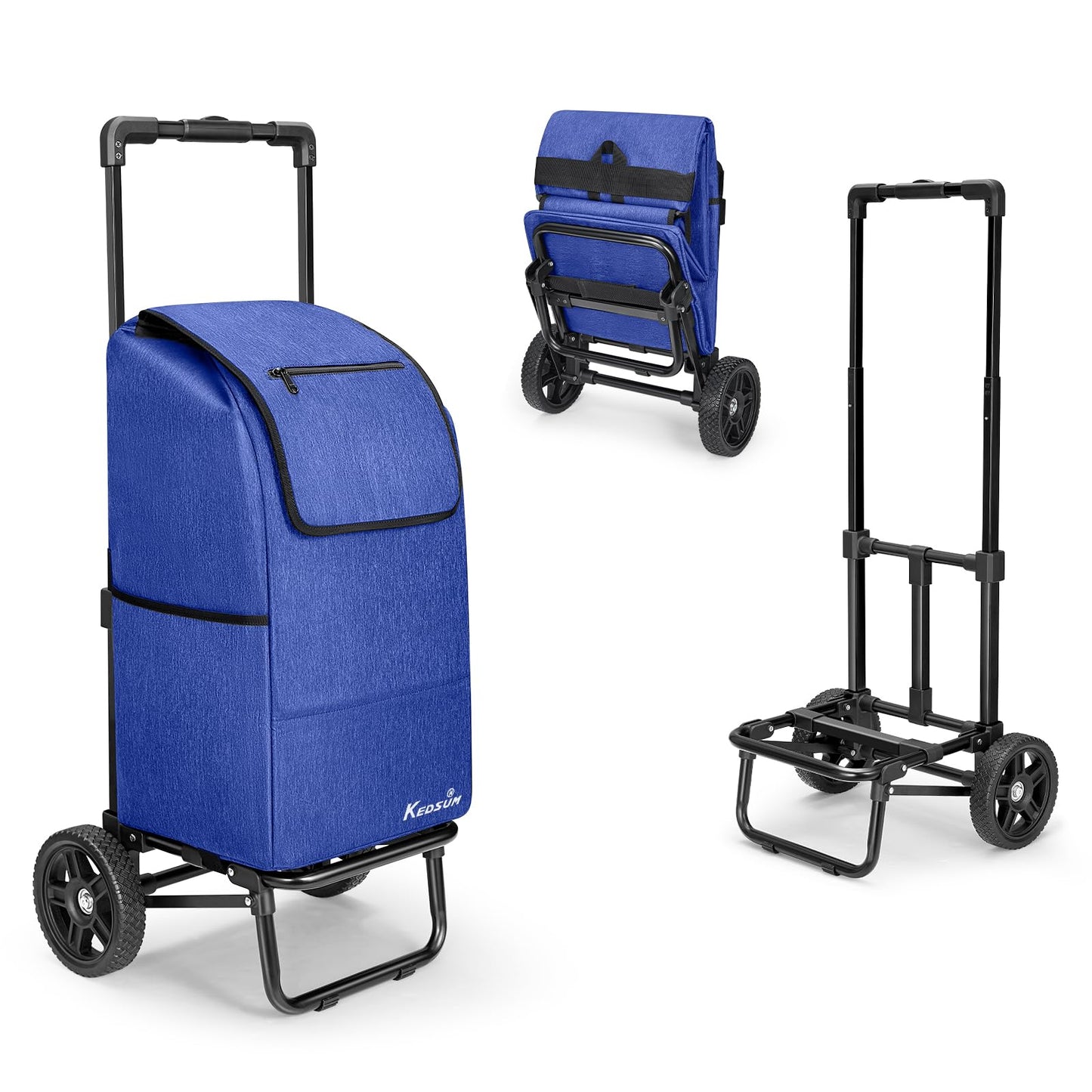 KEDSUM 2 in 1 Shopping Carts for Groceries, 330 lbs Grocery Cart on Wheels, Foldable Utility Carts with Wheels, Load-Bearing Hand Truck with Waterproof Bag for Shopping, Camping, Laundry, Garden, Blue