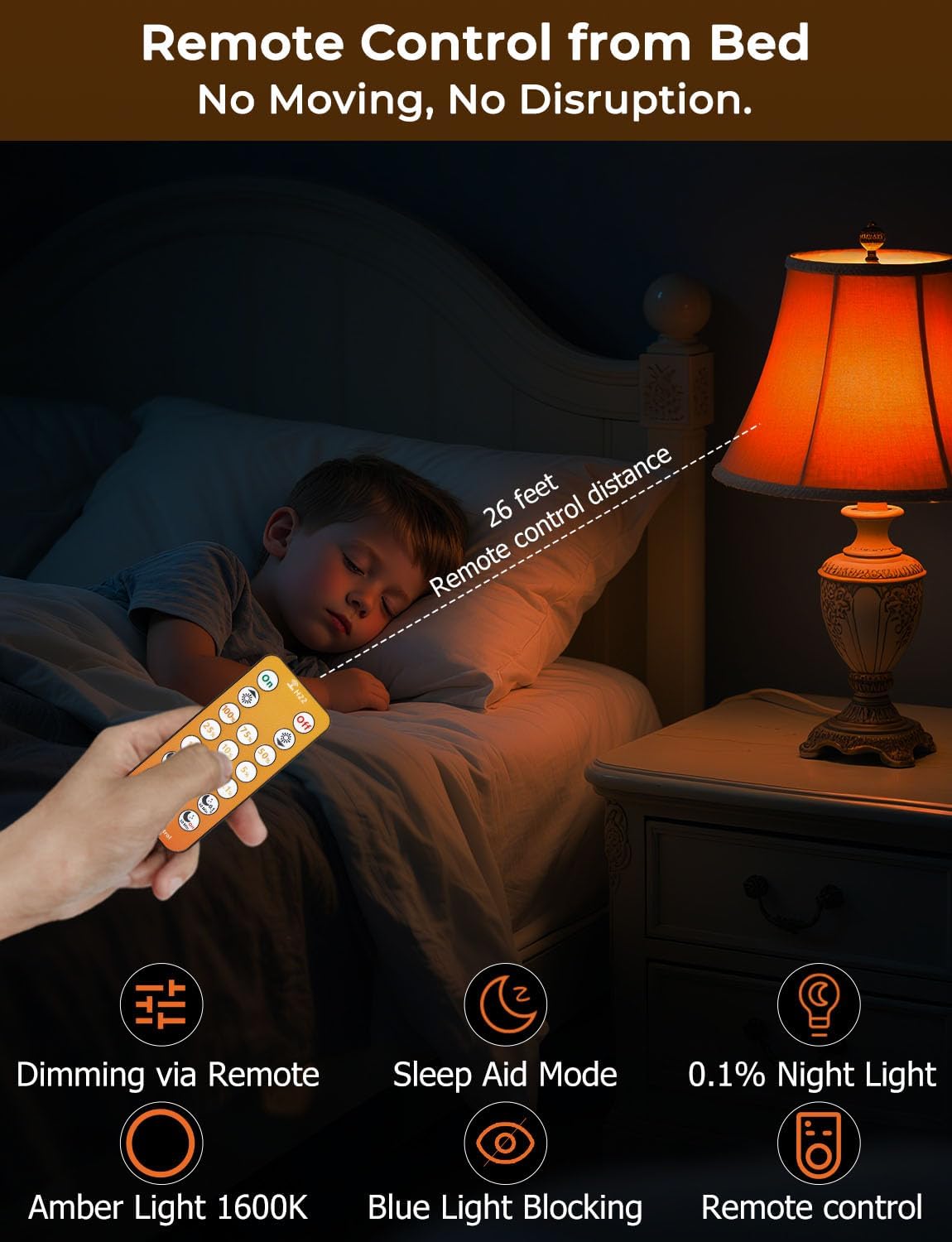 Wivety Amber Sleep Light Bulbs 1600K with Remote Control, E26 Blue Light Blocking A19, 9W for Sleep Therapy, Baby Nursery, Bedroom (4 Packs)
