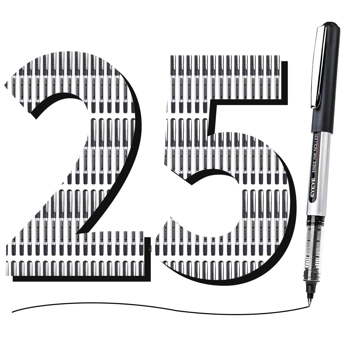 EYEYE 0.5mm Black Rollerball Pens 25 Pack, Extra Fine Point Roller Ball Pen Quick Dry, Liquid Ink Pens Fine Point Smooth Writing Pen for Journaling, Note Taking, Office, School Supplies