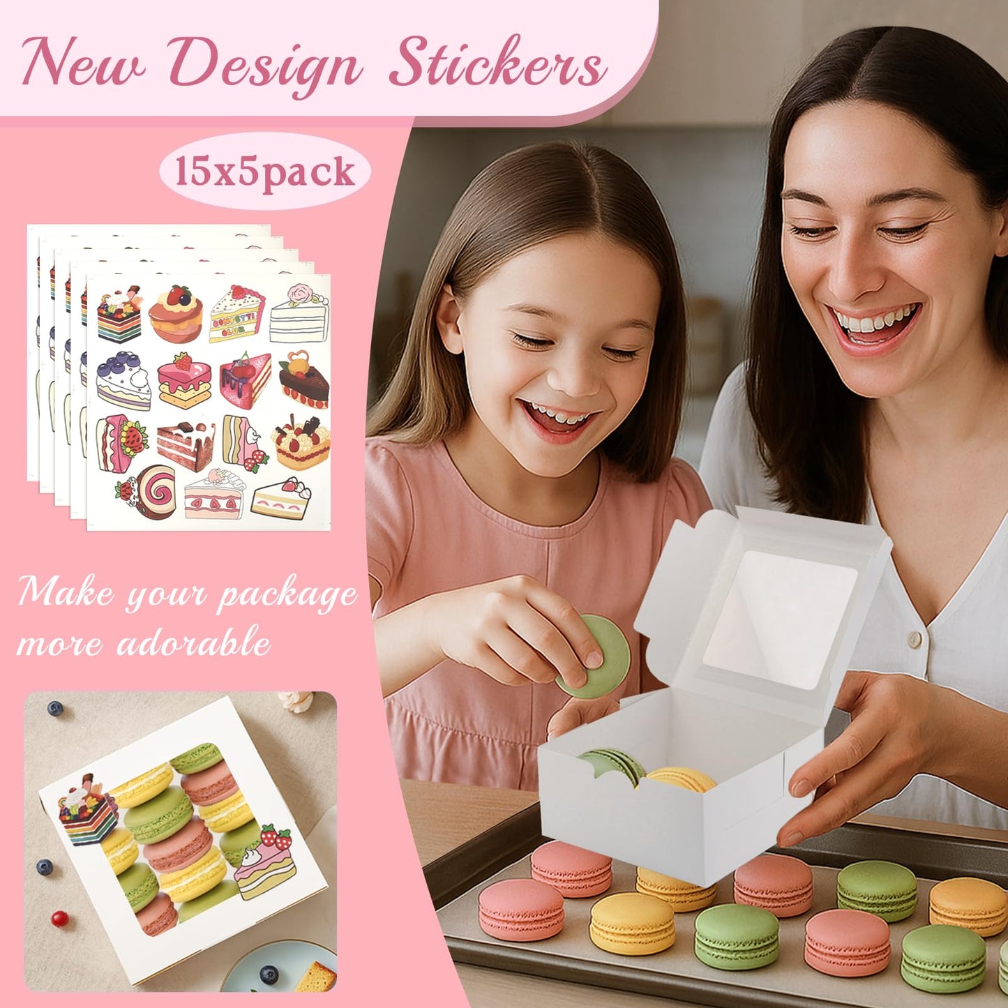 OAMCEG 50 Pack Cupcake Boxes with Window 6x6x3 Inches Cookie Boxes, Bakery Treat Boxes for Pastry, Desserts, Chocolate Strawberries, Cupcake Containers, Gift Giving with Stickers & Twine （White）