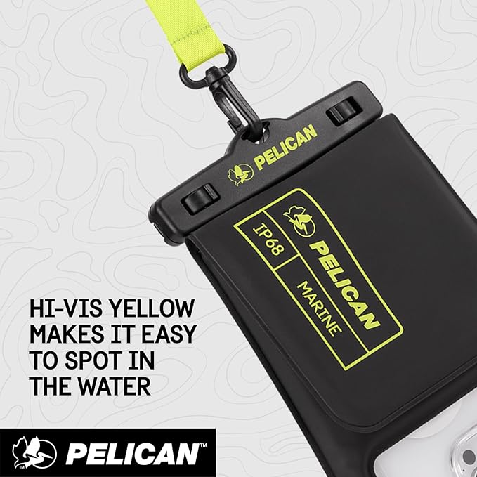 Pelican Marine - IP68 Waterproof Phone Pouch w/Storage Pocket (Large) - Floating Waterproof Phone Case - Beach Cruise Travel Essentials - Fits All Phones - Detachable Lanyard - Black/Hi-Vis Yellow