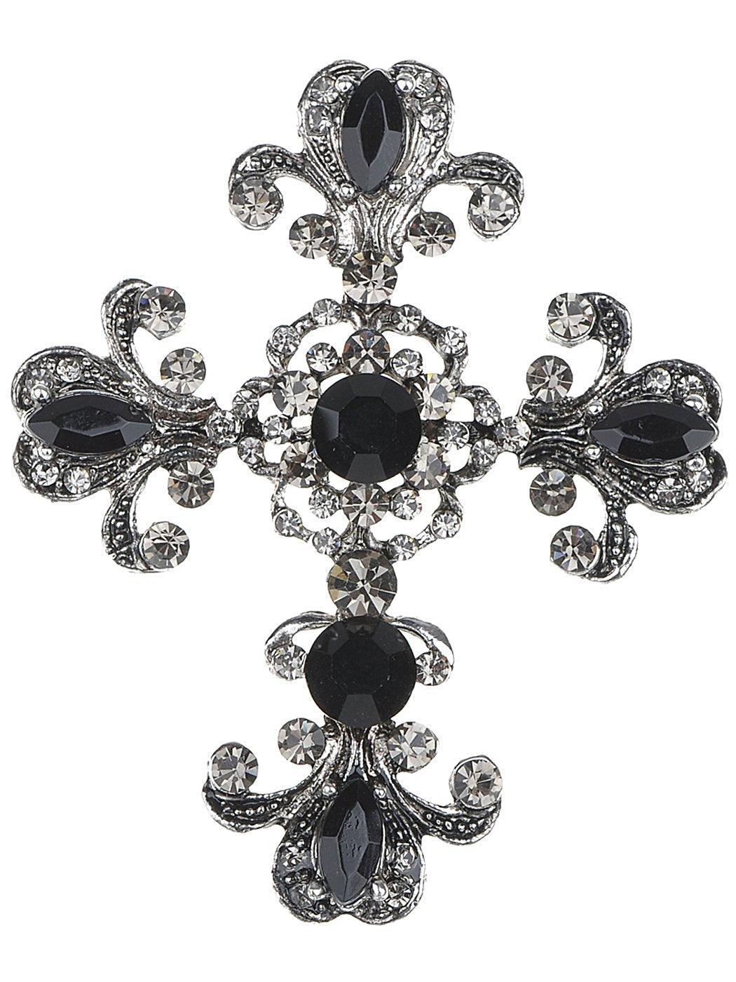 Alilang Gothic Holy Beaded Flowery Gunmetal Tone Crystal Flourish Church Religious Cross Pin Brooch