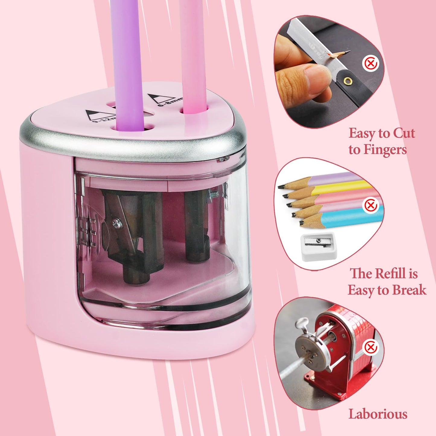 AUAUY Electric Pencil Sharpener with Double Hole, Battery Operated Automatic Sharpener with 2 Extra Knife Holders, for 6-8mm/9-12mm Standard Pencils, Colored Pencils, and Skectch Pencils（Pink）