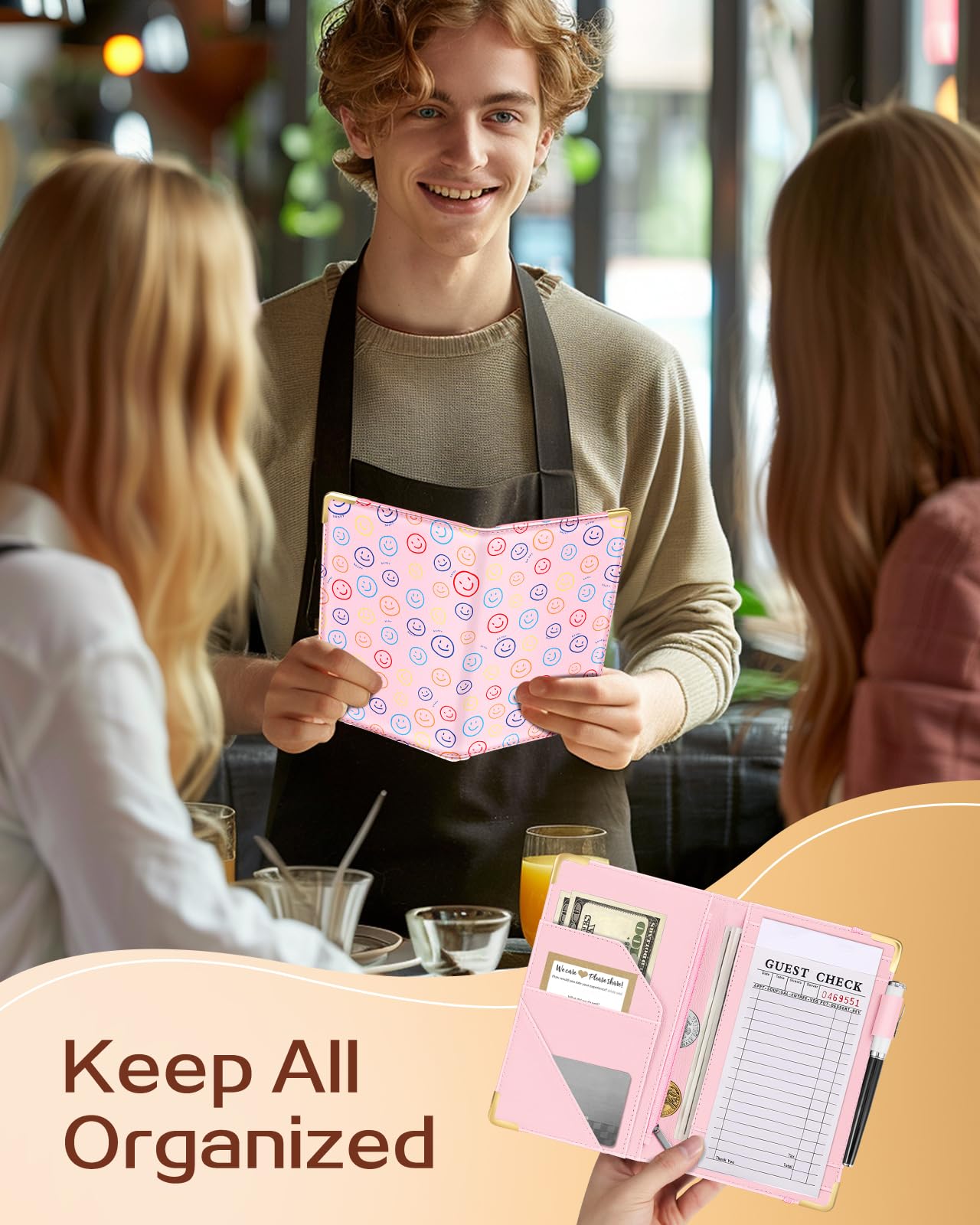 Slohif Server Book for Waitress Cute Serving Books with Zipper Pocket Accessories Leather Server Check Book Restaurant Waiter Server Booklet Organizer Ticket Book Holder