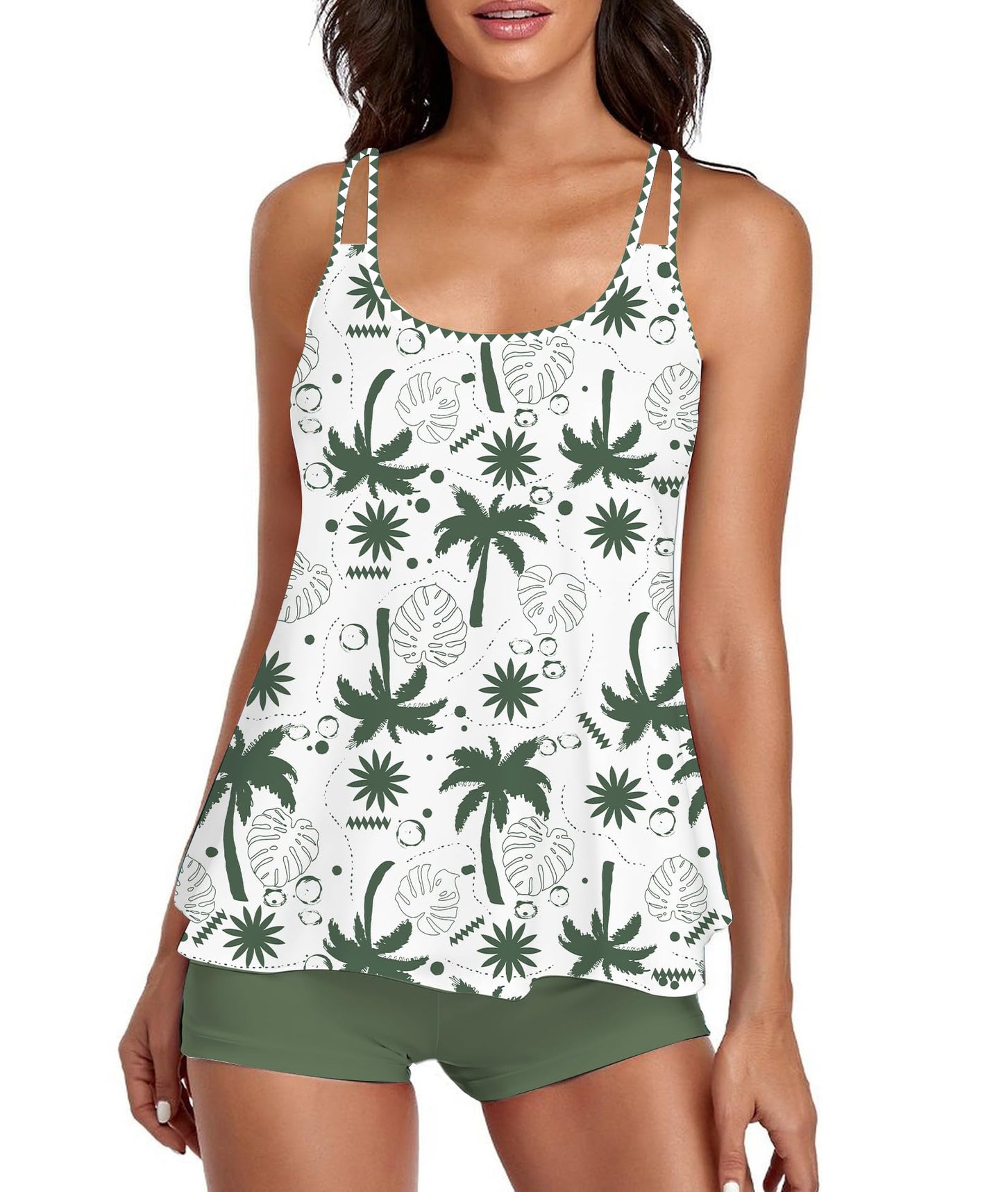 Stylish Swim Suits for Women Slimming Tankini Set Adjustable Straps 2 Piece Swimwear Tropical Hawaii Beach Pool Party Photoshoot Flattering Hides Belly Perfect for Vacation Haze Green XXL