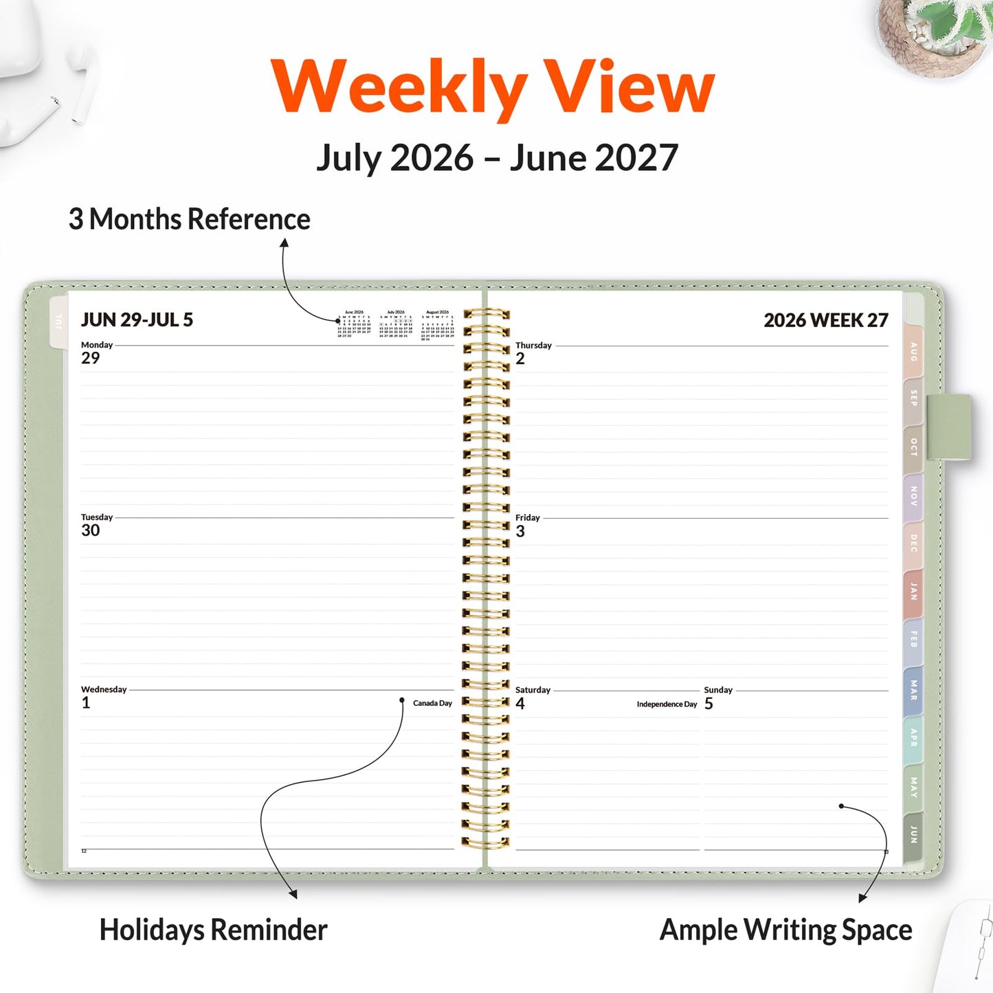 SUNEE 2026-2027 Weekly & Monthly Planner 9"x11.2" - 12 Month (July 2026 - June 2027), Vegan Leather Cover Planner Academic Year Calendar, Pocket, Notes, Monthly Tab, Green