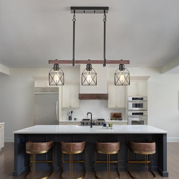 3-Light Vintage Industrial Pendant Light Over Table, Adjustable Hanging Light with Walnut Finish & Matte Black Metal Frame, E26 Base Modern Rustic Chandelier for Kitchen Island