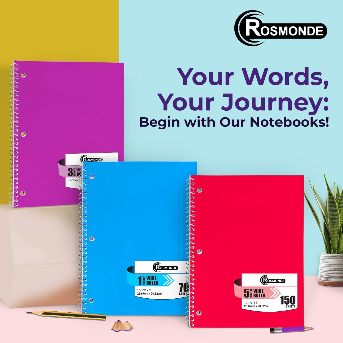 Rosmonde 50 Pack, 1 Subject Spiral Notebook Wide Ruled Bulk, 140 Pages (70 Sheets), Thick No-Bleed Paper, 8 x 10-1/2", 3 Hole Punched, 1 Subject Spiral Notebook Bulk, Bulk Subject Notebook