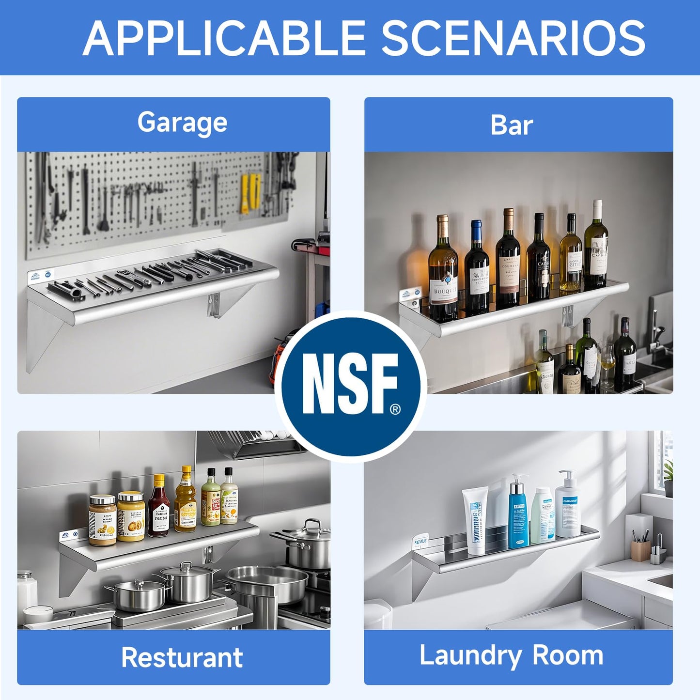ROCKPOINT Stainless Steel Shelf 10 x 16 Inches 190lb, 2 Pack NSF Metal Commercial Shelves Wall Mount Floating Shelving with Backsplash for Restaurant, Kitchen, Home and Hotel, Silver