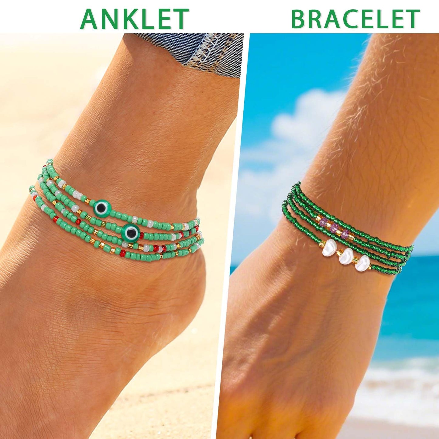 ELABEST Adjustable Handmade Waist Beads Stretchy 23-52 inch 8Pcs Chakra Body Belly Beaded Women Waist, Anklet, Bracelet, Necklace Jewelry with Screw clasp (Green, 39.3inch/100cm)