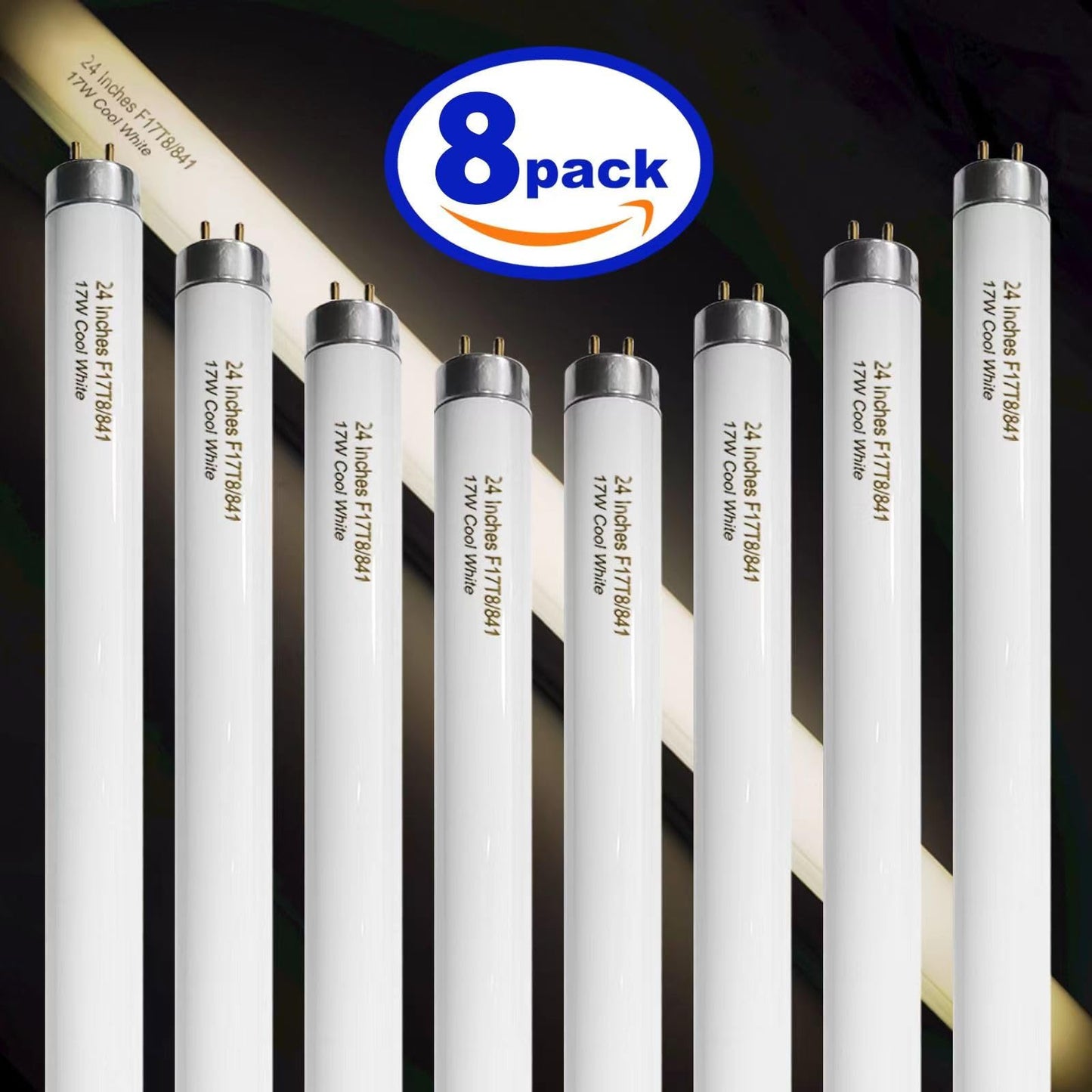 Konideke 8 Pack 24 inch F17T8/841 17 Watts Light Bulb, 2 Foot Straight Fluorescent Tube T8 Tube Light, 4100K Cool White 1400 Lumen G13 Medium Bi-Pin Cap 8 Count