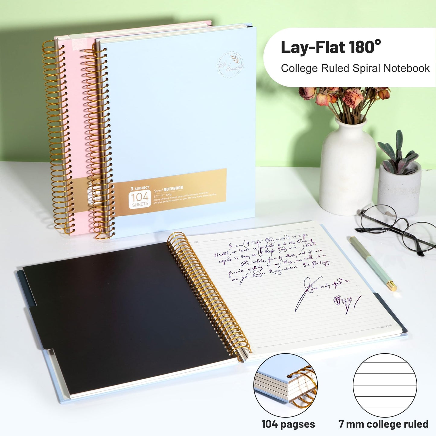 FLYING EAGLE 3 Subject Spiral Notebook Large Spiral Notebook 8.5 X 11, Blue Journal for Women Men, 100 GSM Thick Paper 104 Sheets, Hardcover Notebook for Work, School, Writing, Note Taking Blue