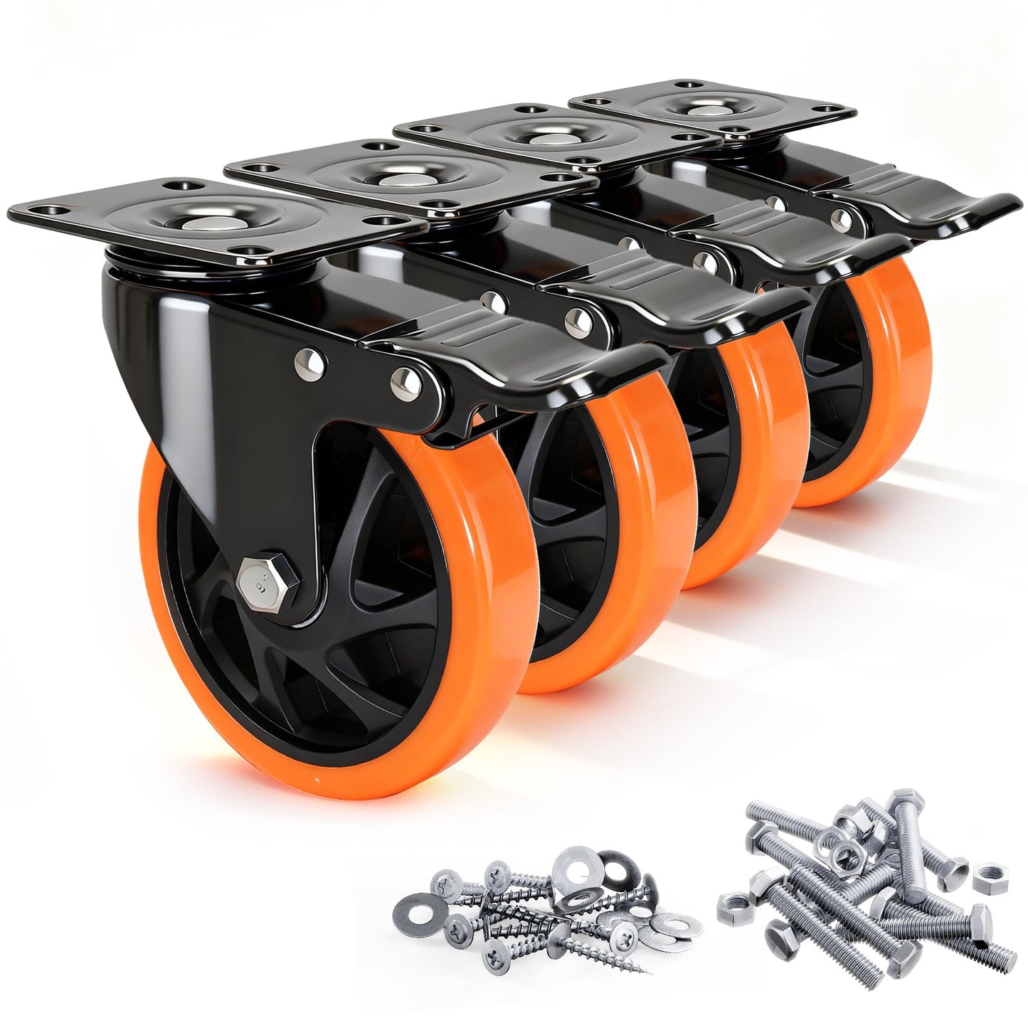 Caster Wheels 5"，Heavy Duty Caster Wheels Set of 4, Dual Lock PU Casters, Industrial Swivel Casters for Workbench, Furniture & Tool Cart – Smooth, Silent & Durable