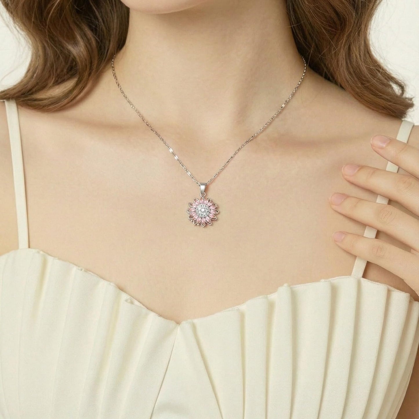 KONPJE Sunflower Fidget Necklace for Women Gold Moon Necklace Rotating Heart Necklaces Spinning Crystal Sunflower Anxiety Necklaces Crescent Moons Jewelry Accessories (SilverPink)
