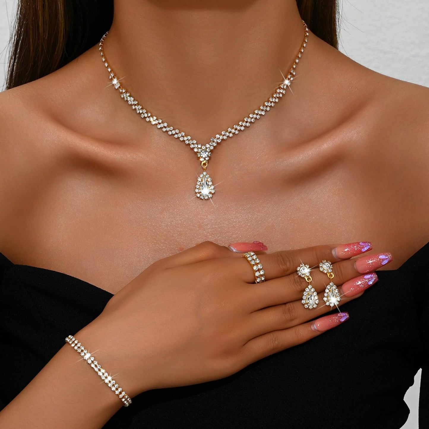 IS4U Rhinestone Water Drop Set for Women Bridal Wedding Vintage Colourful Crystal Zircon Statement Necklace Ring Earrings Bracelet Set Party Dress Ball Fashion Jewellery (Gold)