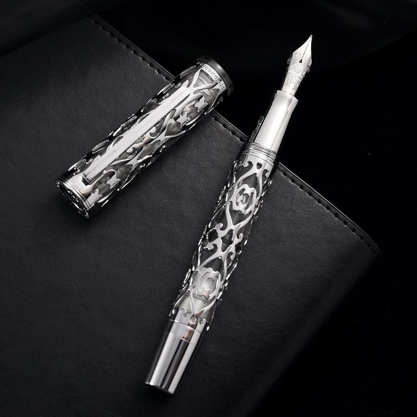 HONG DIAN D1 Piston Fountain Pen Fine Nib, Hollow Skeleton & Resin with Metal Case Set (Silver)