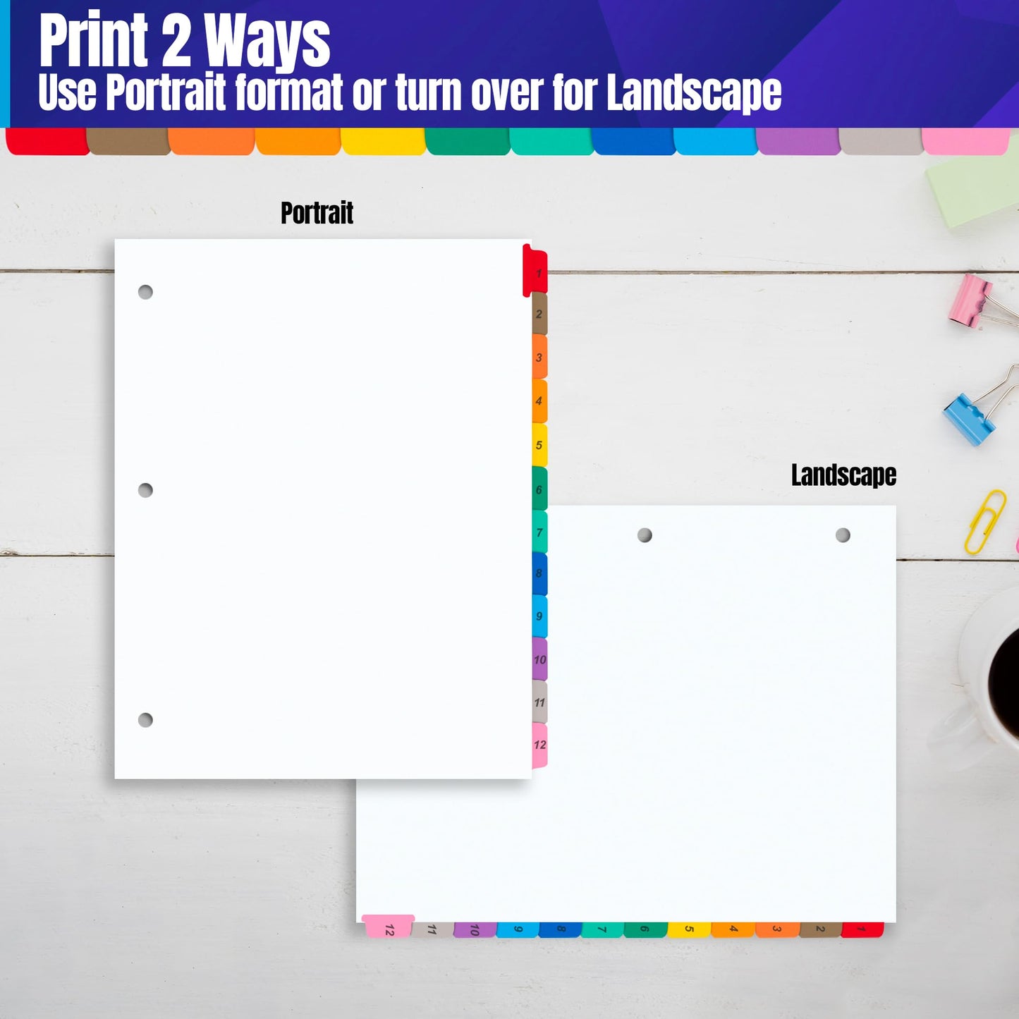 Tab Dividers for 3 Ring Binders – 6 Sets, 1–12 Numbered Index Dividers with Table of Contents – 8.5 x 11 in, 3-Hole Punched – Binder Dividers for School, Office, Filing, Organizing - 6 Pack